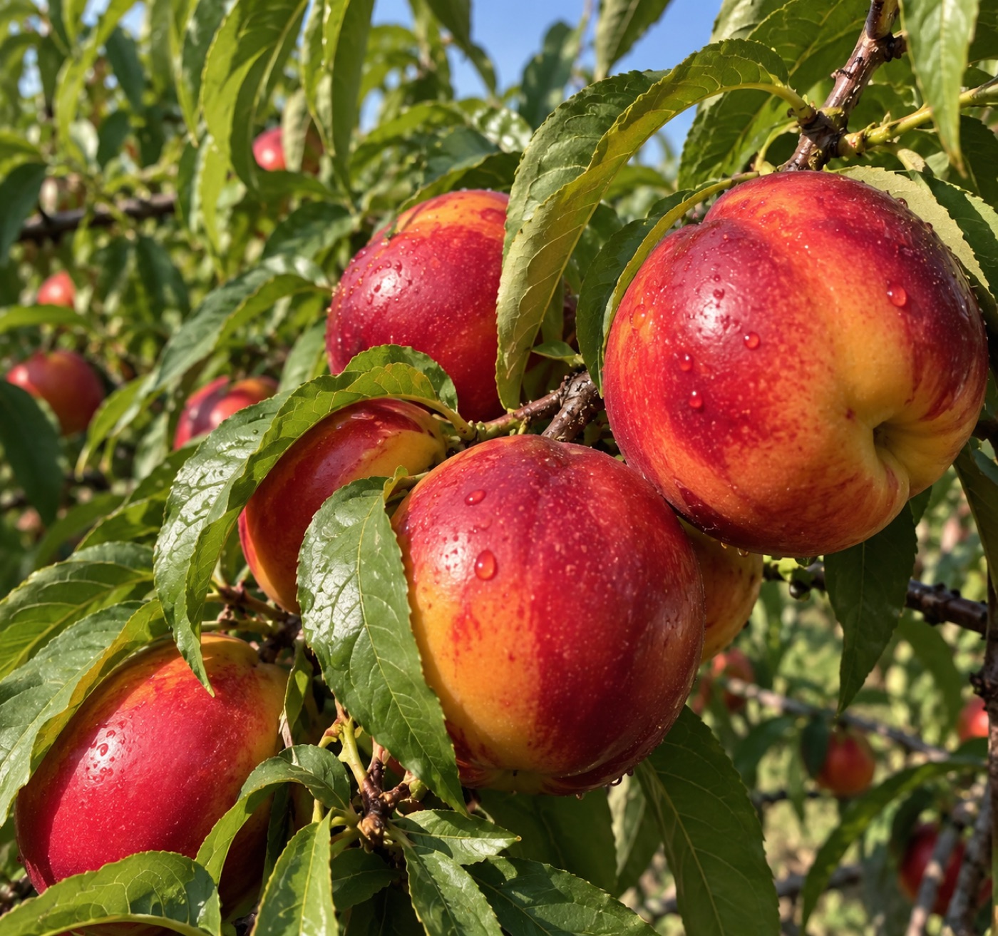 Fresh Bulgarian nectarines ripening on the tree