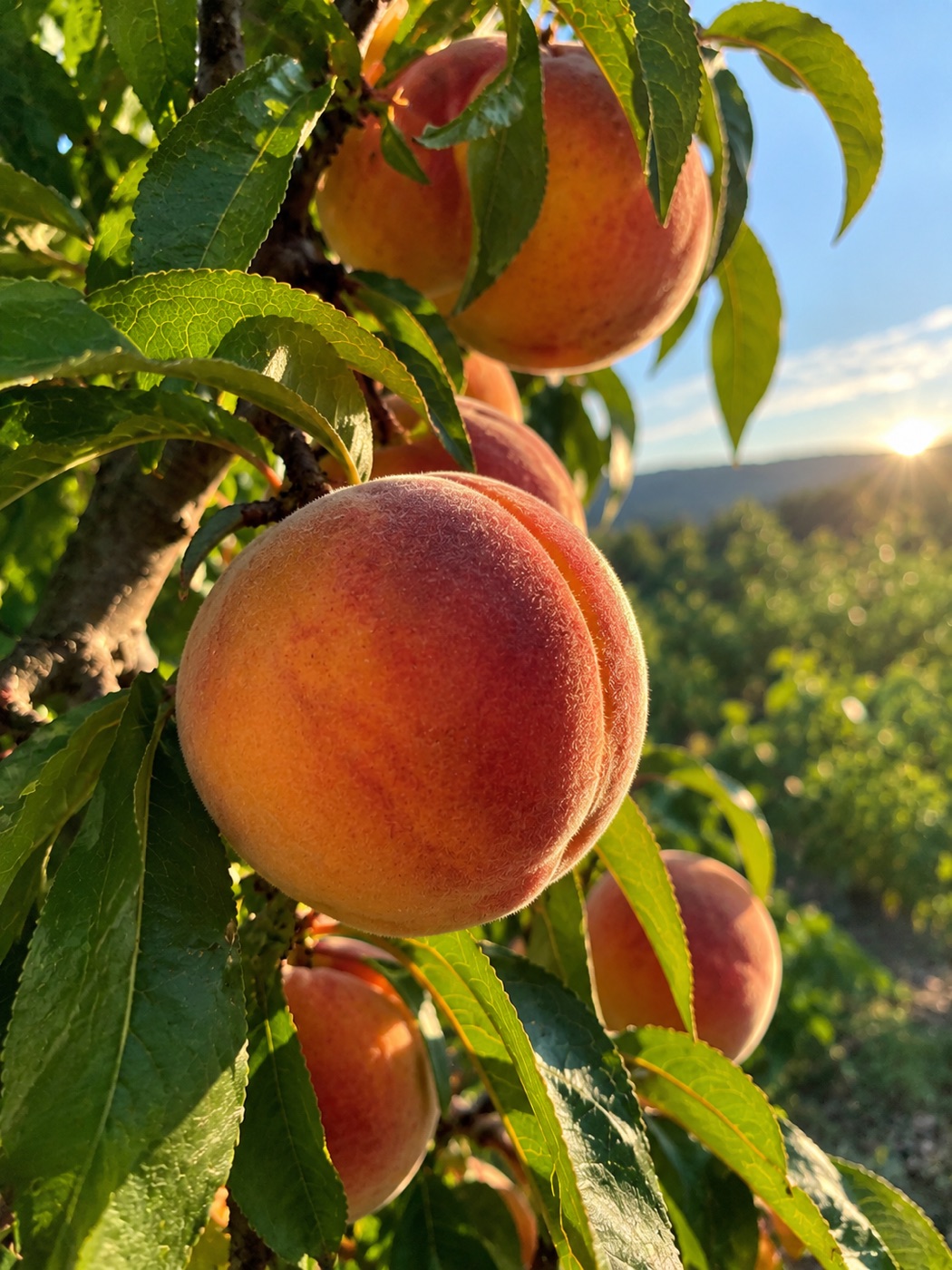 Fresh Bulgarian peaches ripening in the orchard at sunset