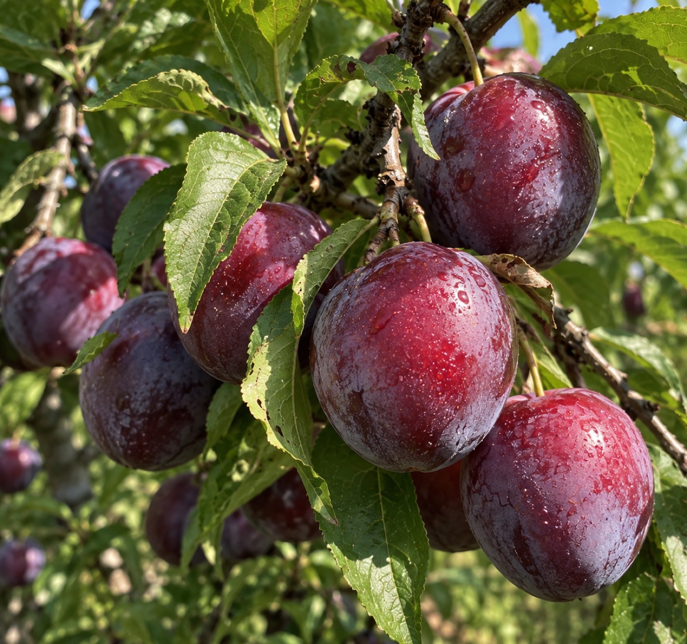 Fresh dark Bulgarian Angelino plums ripening on the tree